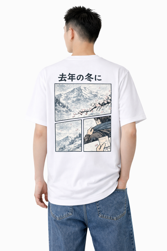 メンズ　大きめプリントTシャツ「去年の冬に、雪山と桜」　バックプリント　クルーネック