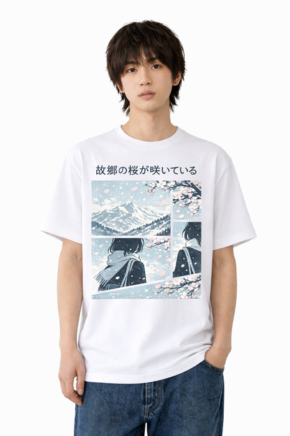 メンズ　大きめプリントTシャツ「故郷の桜が咲いている」　胸プリント　クルーネック
