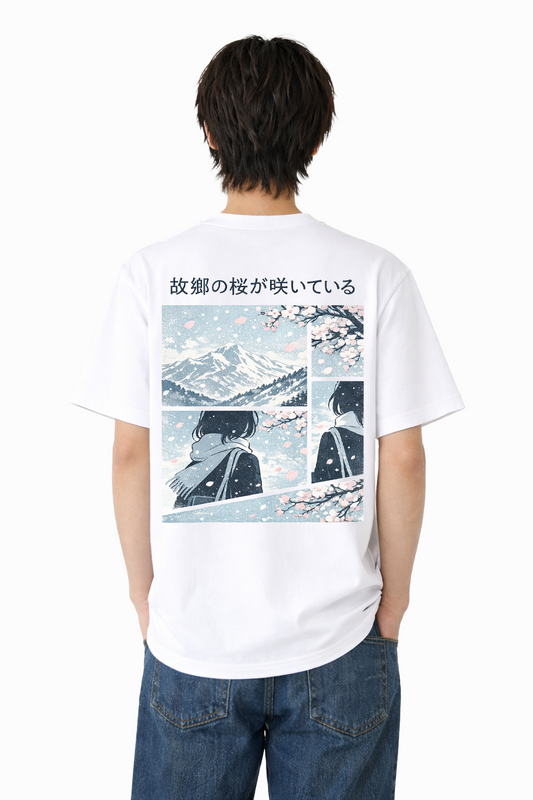 メンズ　大きめプリントTシャツ「故郷の桜が咲いている」　バックプリント　クルーネック