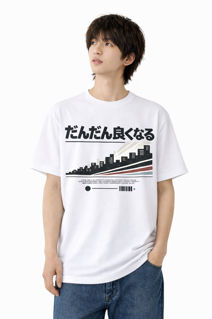 メンズ　大きめプリントTシャツ「だんだん 良くなる」　胸プリント　クルーネック