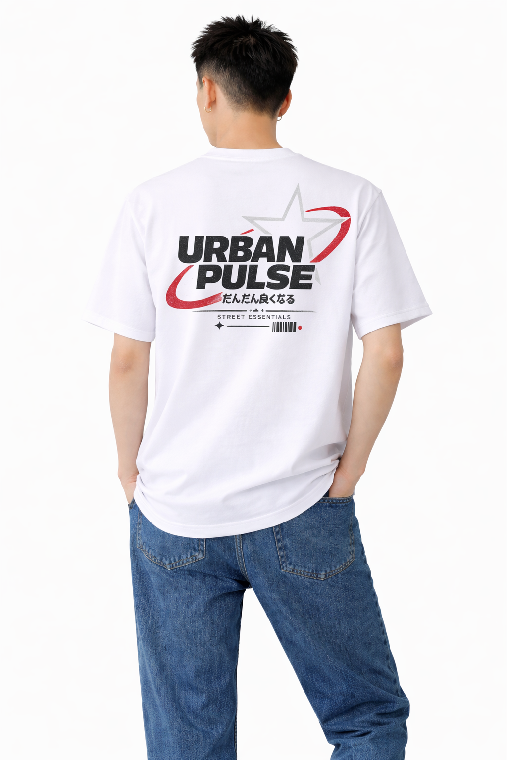 メンズ　大きめプリントTシャツ「URBAN PULSE」　バックプリント　クルーネック