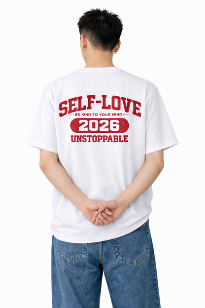メンズ　大きめプリントTシャツ「SELF-LOVE」　バックプリント　クルーネック