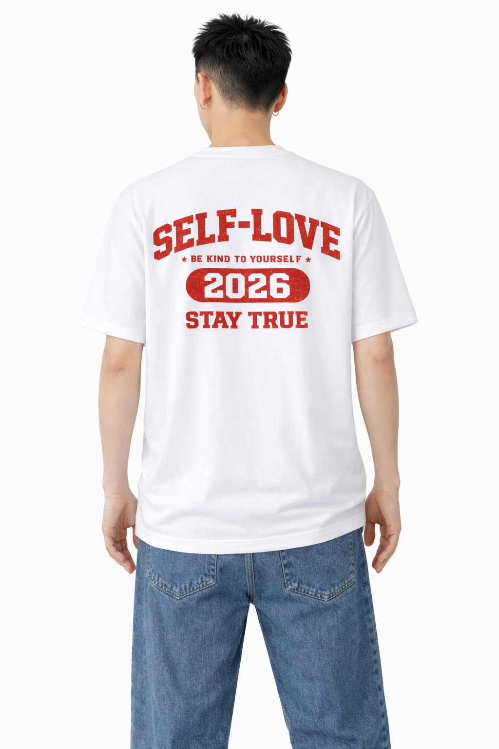 メンズ　大きめプリントTシャツ「SELF-LOVE」　バックプリント　クルーネック