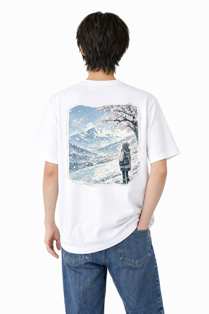 メンズ　大きめプリントTシャツ「雪山と桜」　バックプリント　クルーネック
