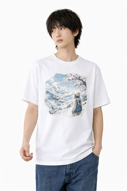 メンズ　大きめプリントTシャツ「雪山と桜」　胸プリント　クルーネック