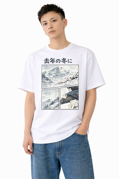メンズ　大きめプリントTシャツ「去年の冬に、雪山と桜」　胸プリント　クルーネック